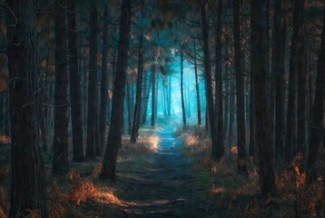 Fototapeta premium A path leads into a dense, blue-toned forest at twilight.