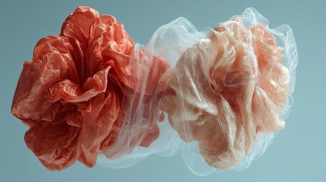 Soft, see-through cloth showcases delicate floral designs in peach tones