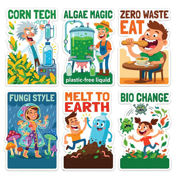 Genius 2D Stickers Of Scientists Turning Corn Into Bottles And Algae Into Bio Plastic Liquids For World Environment Day Green Innovation Sustainable Material Science And Zero Waste Lifestyle Art