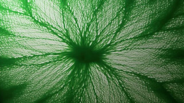 Green biological network growth spreading in complex branching patterns across a white surface