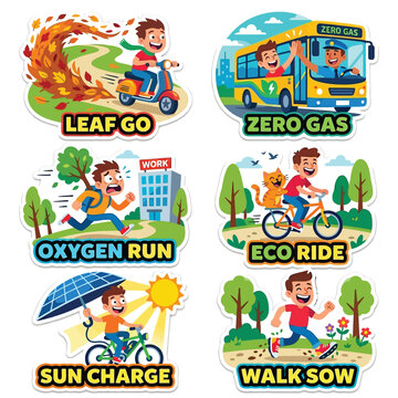 Modern 2D Stickers Of People Riding Leaf Scooters And Solar Electric Bikes For World Environment Day Sustainable Public Transportation Carbon Footprint Reduction And Green City Commuting Art