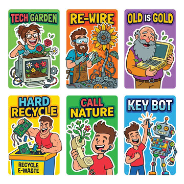 Techy 2D Stickers Of People Planting Flowers In Old Monitors And Recycling Circuit Boards For World Environment Day Electronic Waste Management EWaste Recycling And Sustainable Hardware Action Art