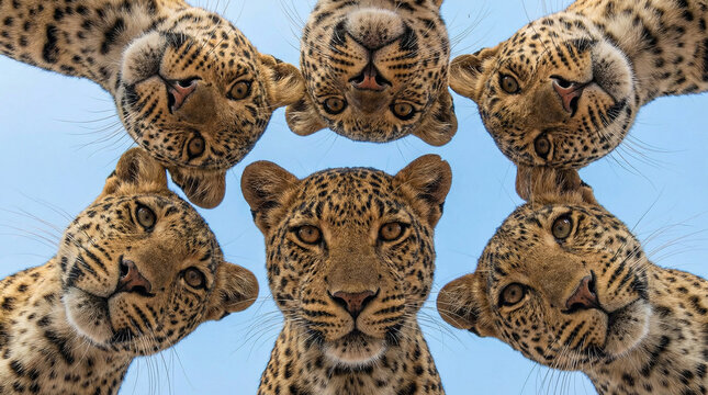 Low-angle close-up of leopards forming a circle and looking down, creating a symmetrical wildlife composition, symbolizing curiosity, unity, alertness, and natural predator beauty.