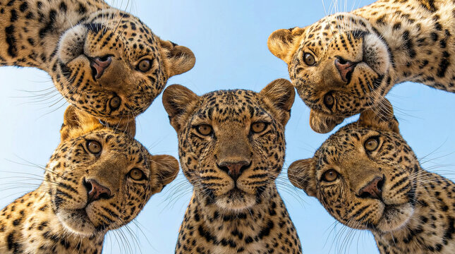 Low-angle close-up of leopards forming a circle and looking down, creating a symmetrical wildlife composition, symbolizing curiosity, unity, alertness, and natural predator beauty.