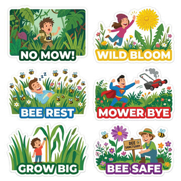Wild 2D Stickers Of People Lost In Tall Grass And Saving Giant Dandelions For World Environment Day No Mow May Rewilding Movement Backyard Biodiversity And Wildflower Habitat Conservation Art Scene