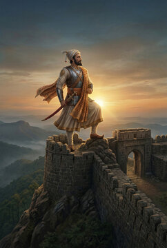 Dramatic illustration of historic Indian warrior king shivaji standing on fort, overlooking vast mountains at sunrise, symbolizing courage, leadership, heritage, strength, and Maratha empire legacy.