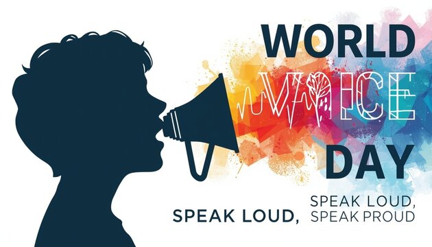 world voice day banner with child silhouette shouting into megaphone on colorful abstract splash background for speech awareness