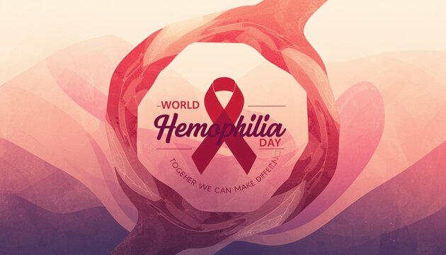 World Hemophilia Day awareness banner with red ribbon and abstract blood cell flowing background for healthcare concept