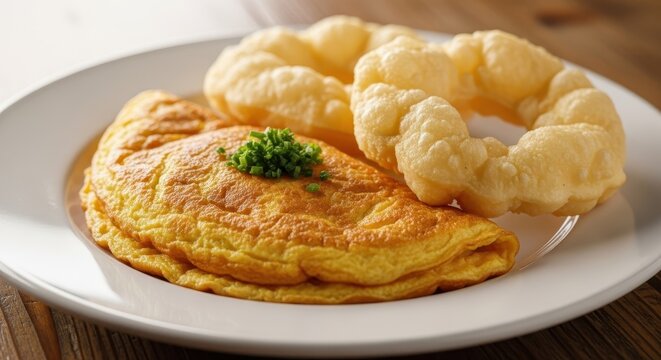 Delicious Omelet with Croissants on a White Plate.