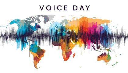 Fototapeta premium World Voice Day banner with colorful watercolor world map and digital sound frequency wave on white background