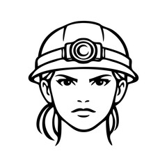 Logotipo con dibujo minimalista con líneas de la cara de una mujer con casco de minero con linterna frontal, con expresión decidida  © teracreonte