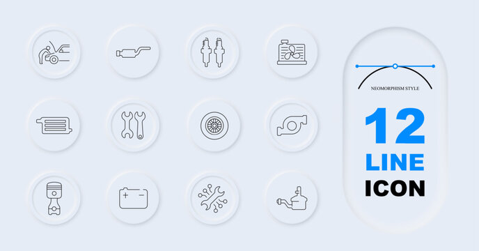 Automotive repair set icon. Line symbols with car engine exhaust spark plugs inspection laptop radiator wrenches wheel turbo piston battery diagnostics pump inside circular neumorphism