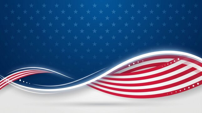 Abstract patriotic background with flowing red white and blue flag inspired design and stars