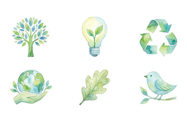 Eco Friendly Watercolor Icon Set Green Nature Conservation Concept © Dwi