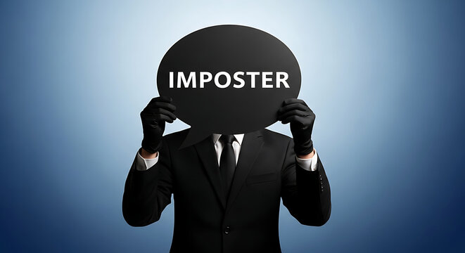 Businessman hiding face behind speech bubble with the word IMPOSER concept