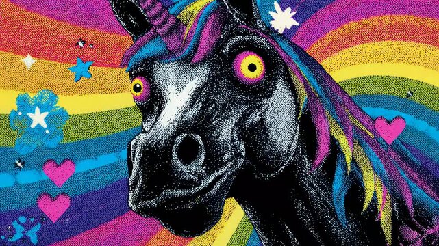 Evil black zombie unicorn with rainbow mane in a colorful, psychedelic comic book style animation