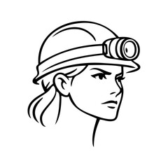 Logotipo con dibujo minimalista con líneas de la cara de una mujer con casco de minero con linterna frontal, con expresión decidida © teracreonte