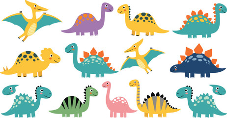 Cute Dinosaur Illustration Set Featuring Colorful Dinosaurs, Pterodactyls, and Stegosaurus in Playful Poses for Kids' Educational and Fun Design Projects. © MstSuborna