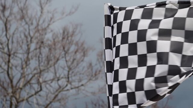a checkered flag waving vigorously in the wind