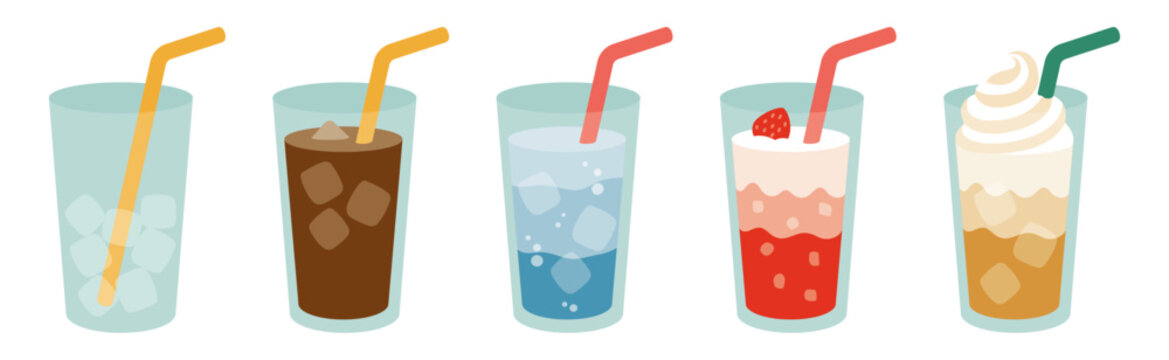 Set of iced coffee and summer drinks icons with ice cubes and straws