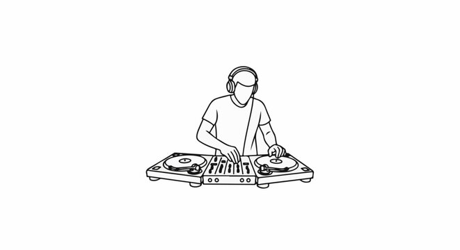 Line drawing of a person wearing headphones and mixing music on turntables