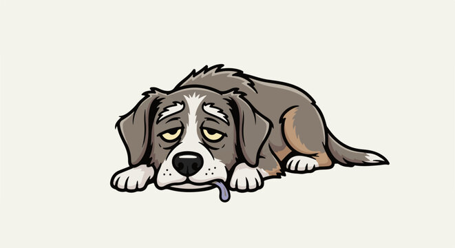 Sad, sleepy dog with droopy eyes and tongue hanging out