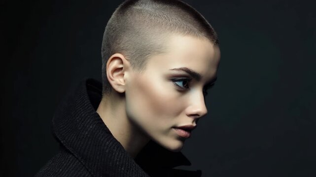 Fashionable female with buzz cut hairstyle fashion editorial shot, high-fashion imagery, avant-garde aesthetics, editorial storytelling, conveying fashion trends and concepts, artisti.