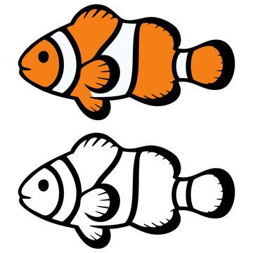 Logotipo vida marina. Varias versiones de un dibujo minimalista con l&iacute;neas de un pez payaso 