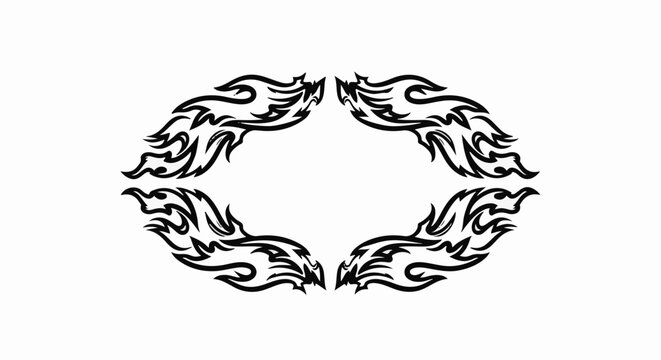 Abstract black fire-like tribal art forms create an oval shape