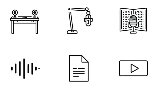 Audio Recording Icons: A set of six line art icons representing essential tools and elements of audio recording and podcasting, conveying a modern and informative visual message.