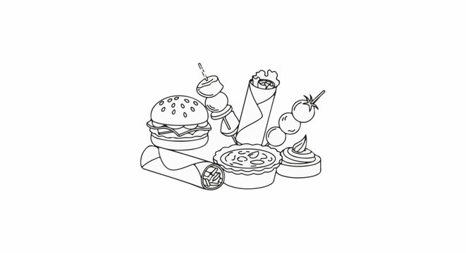 A collection of various quick food items like burgers and spring rolls