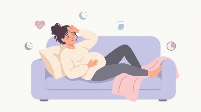 Pregnant Woman Experiencing Common Symptoms on a Couch During Day