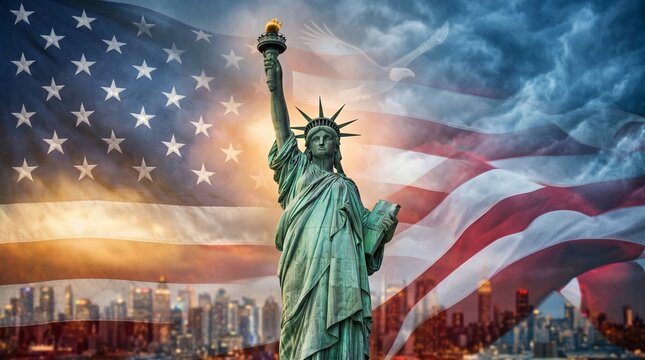 The iconic Statue of Liberty stands proudly before a waving American flag with a city skyline and an eagle in the sky representing freedom and patriotism