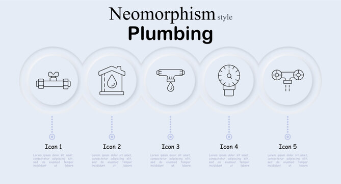 Plumbing set icon. Pipe valve connector, house water drop symbol, wall faucet dripping, pressure gauge meter, pipeline joint leak. Neomorphic circle buttons