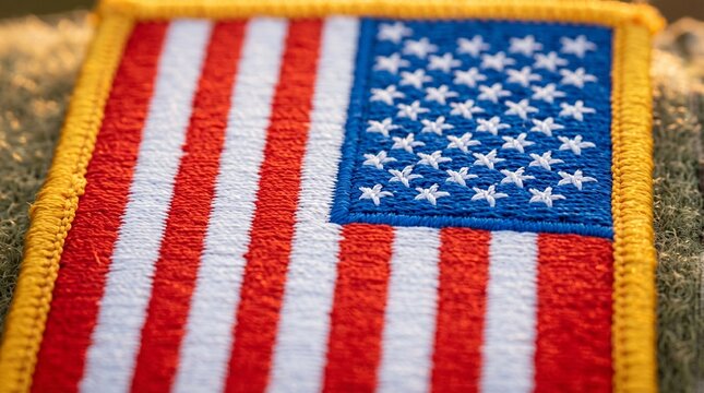 An embroidered American flag patch displays its vibrant red white and blue colors in a close up view