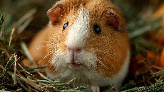 Cute brown and white domestic cavy moving its nose and mouth while sitting in hay