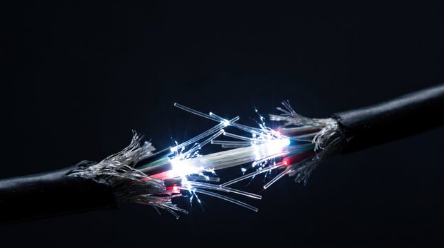 Broken fiber optic cable with glowing exposed strands and scattered sparks on dark background, representing data disruption, network failure, connectivity loss, and fragile digital infrastructure.
