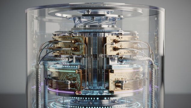 Detailed close up of a quantum computer core with complex glowing circuits and wires