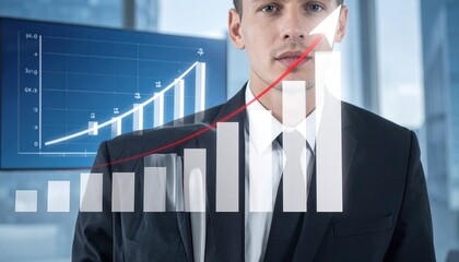 Fototapeta premium Businessperson with suit stands before rising bar chart and upward red line; composition symbolizes success, growth, and financial progress.