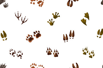 Repeatable pattern of different animals' tracks. Endless background of paws and hooves foot prints. Traces of bear, birds, deer, footprints of elk, tiger and frog. Flat seamless vector illustration. © Paper Trident