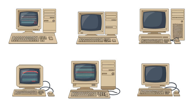 Collection of vintage computer setups displayed in a cartoon style