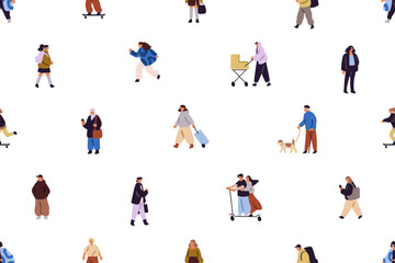 Naklejka premium Repeatable pattern of diverse tiny people walking. Men and women are skateboarding, strolling dogs, riding a scooter, holding phones, travel on endless background. Flat seamless vector illustration.