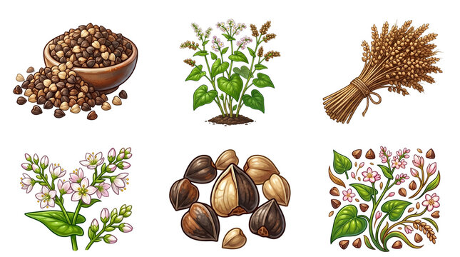 Isolated Buckwheat Botanical Illustrations Set Featuring Raw Seeds in a Bowl, Flowering Plants, Harvested Sheaf, and Detailed Grains for Organic Food Design.