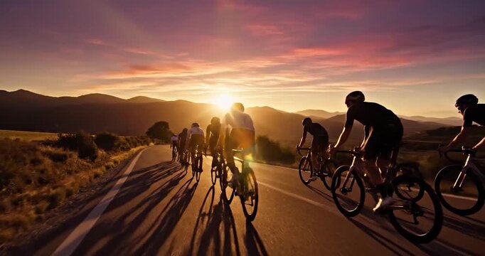 Professional road cyclists riding in a group during a sunset race