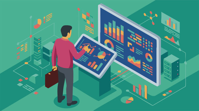Businessman analyzing data on interactive screens in a digital environment