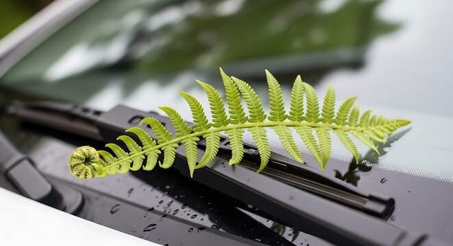 Fresh Green Fern Frond Resting on Car Windshield Wiper After Rain.