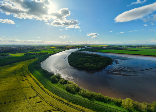 Aerial view of Howden Dyke Island in the tidal River Ouse near Goole East Yorkshire