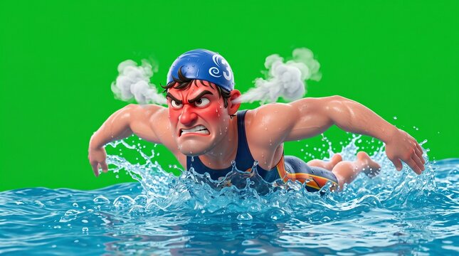 Cartoon Swimmer with Angry Expression Swimming in Water.