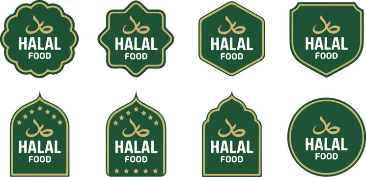 Halal food label vector set with green and gold badges featuring Arabic calligraphy for Islamic dietary compliance product packaging restaurant menus and certified organic food branding