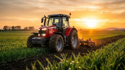 Fototapeta premium A red tractor works in a green field during a beautiful sunset.